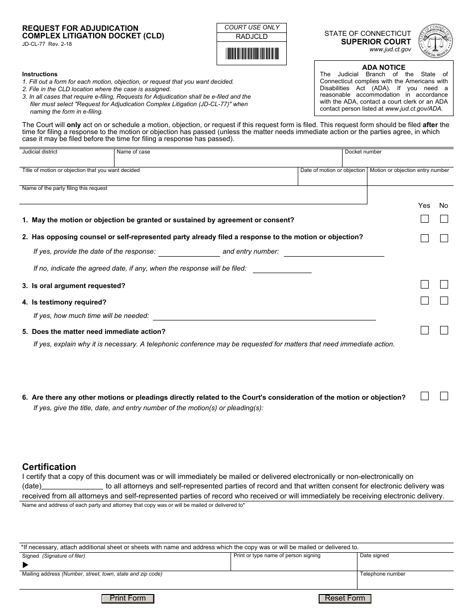 Form JD-CL-77 Request for Adjudication Complex Litigation Docket (Cld) - Connecticut, Page 1