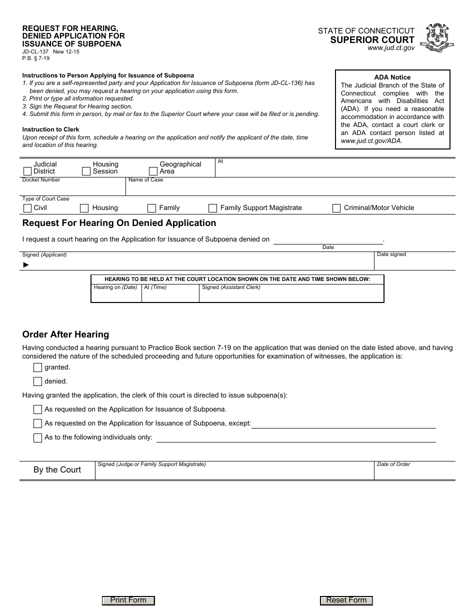 Form JD-CL-137 Request for Hearing, Denied Application for Issuance of Subpoena - Connecticut, Page 1