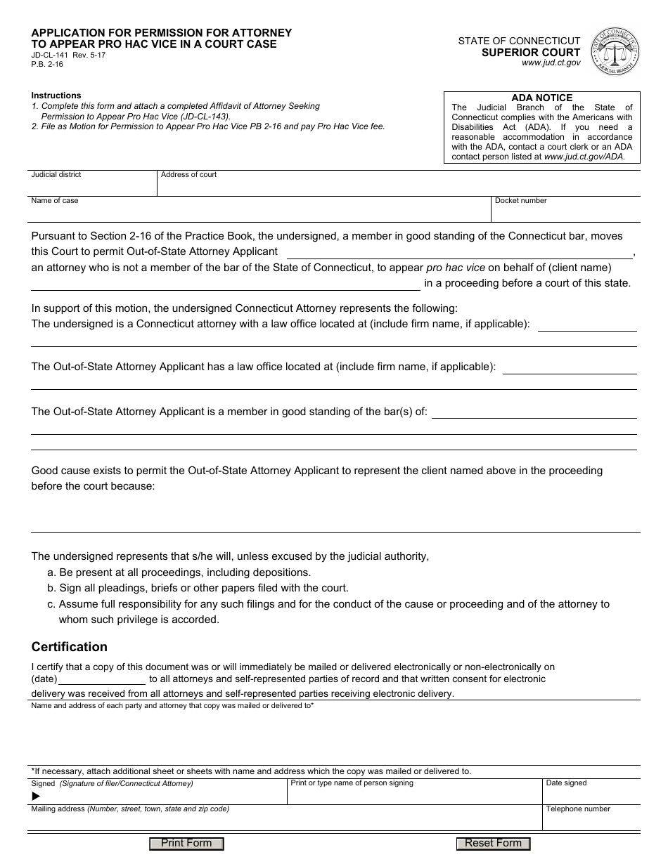 Form JD-CL-141 Application for Permission for Attorney to Appear Pro Hac Vice in a Court Case - Connecticut, Page 1