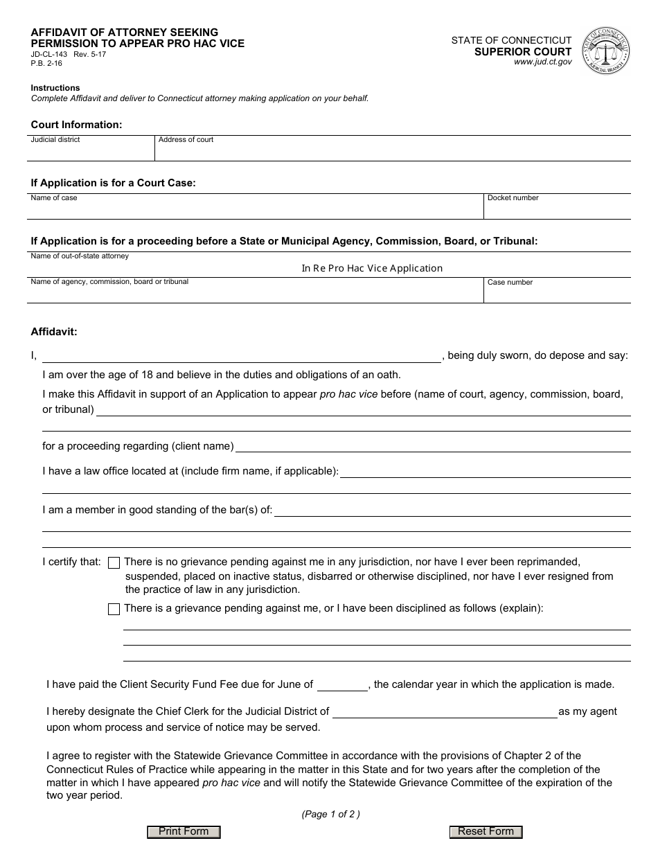 Form JD-CL-143 Affidavit of Attorney Seeking Permission to Appear Pro Hac Vice - Connecticut, Page 1