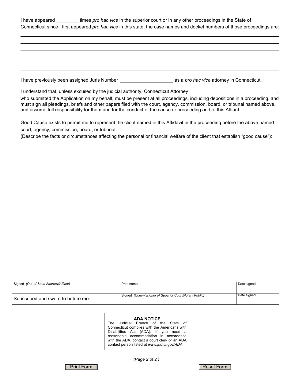 Form JD-CL-143 Affidavit of Attorney Seeking Permission to Appear Pro Hac Vice - Connecticut, Page 2