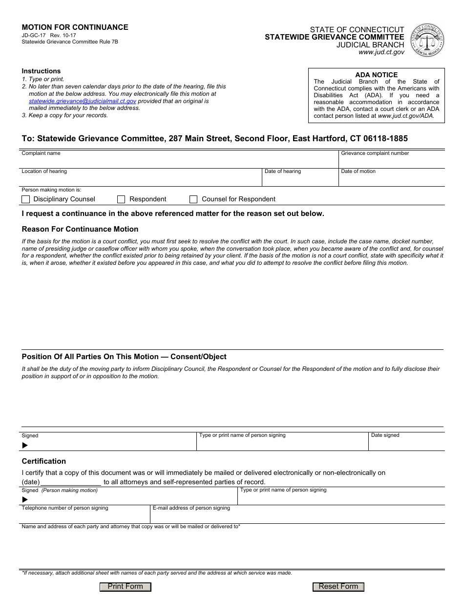 Form JD-GC-17 Motion for Continuance - Connecticut, Page 1
