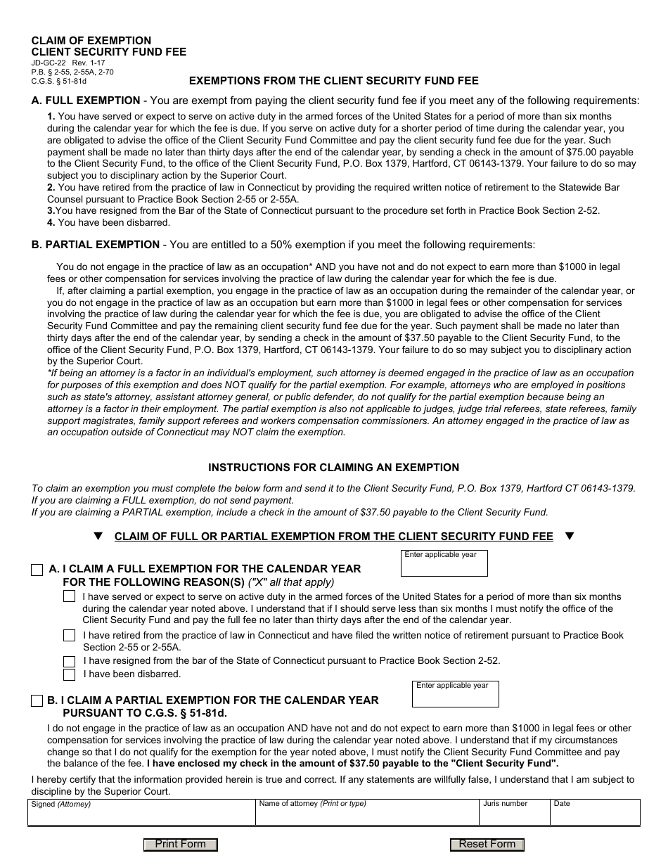 Form JD-GC-22 Claim of Exemption - Client Security Fund Fee - Connecticut, Page 1