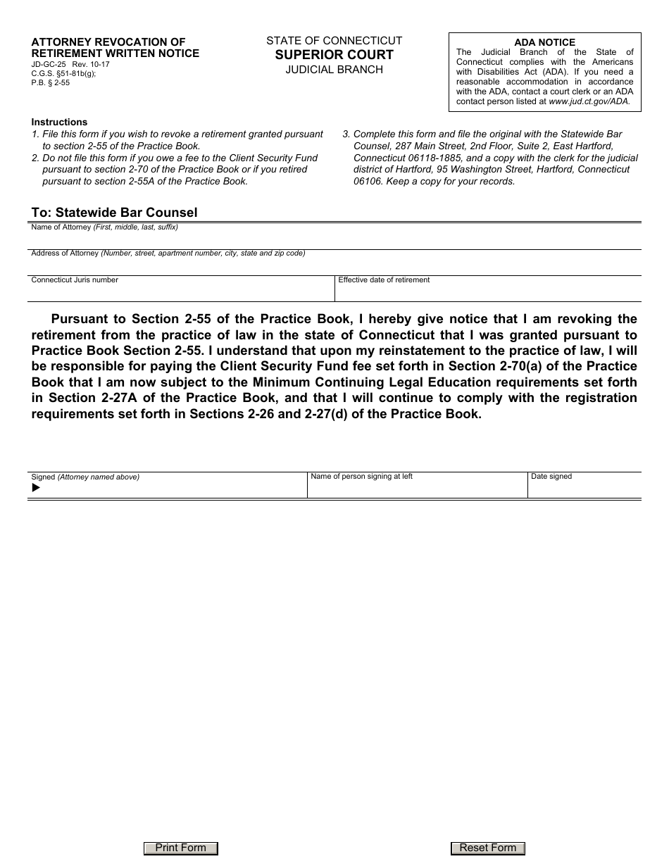 Form JD-GC-25 Attorney Revocation of Retirement, Written Notice - Connecticut, Page 1