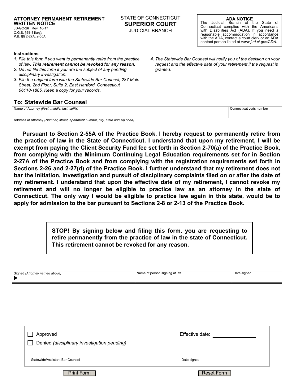 Form JD-GC-26 Attorney Permanent Retirement - Written Notice - Connecticut, Page 1
