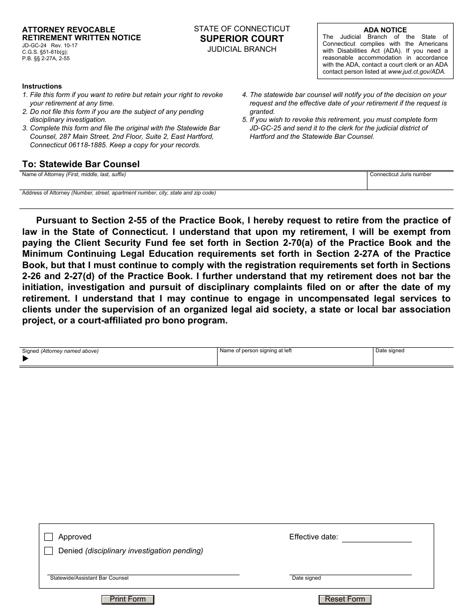 Form JD-GC-24 Attorney Revocable Retirement - Written Notice - Connecticut, Page 1