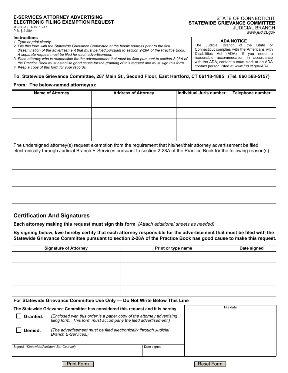 Form JD-GC-19 E-Services Attorney Advertising Electronic Filing Exemption Request - Connecticut, Page 1