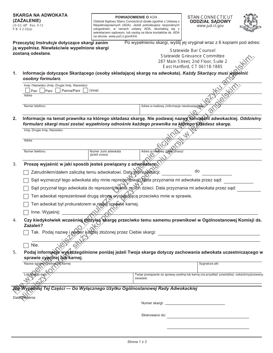 Form JD-GC-6P Complaint Against Attorney (Grievance Complaint) - Connecticut (Polish), Page 3