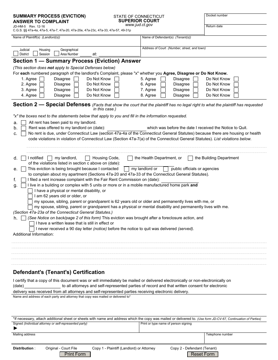 Form JD-HM-5 Summary Process (Eviction), Answer to Complaint - Connecticut, Page 1