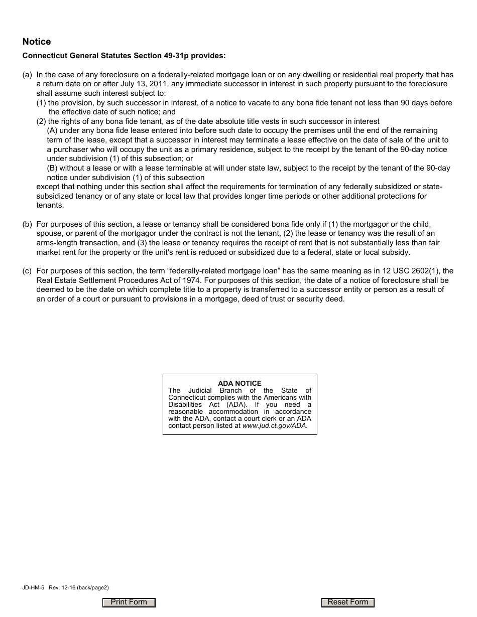 Form JD-HM-5 Summary Process (Eviction), Answer to Complaint - Connecticut, Page 2