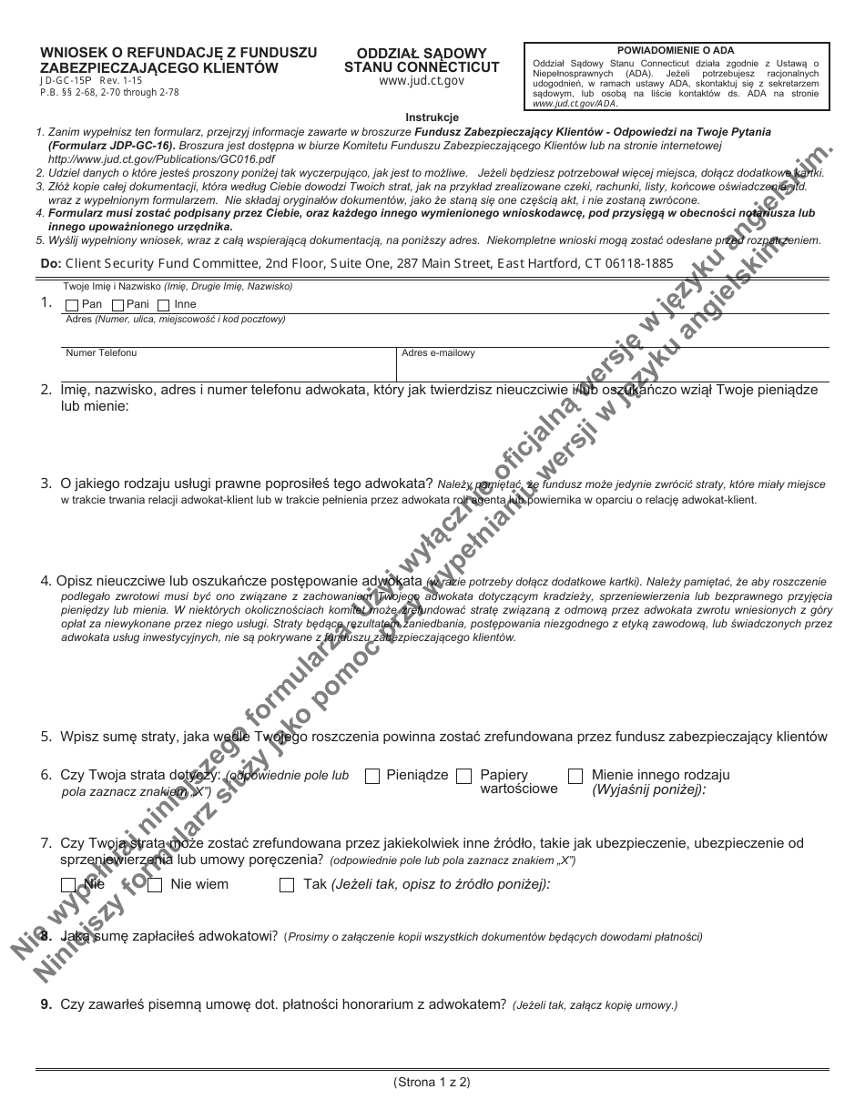 Form JD-GC-15P Application for Reimbursement - Client Security Fund - Connecticut (Polish), Page 1