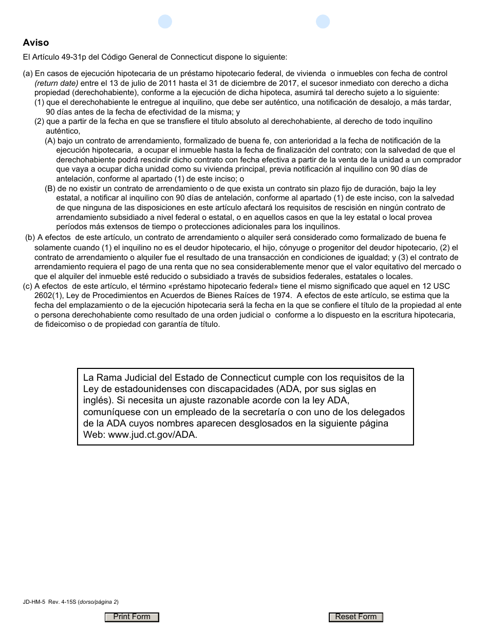 Formulario JD-HM-5S Proceso Sumario (Desalojo) Contestacion a La Demanda - Connecticut (Spanish), Page 2