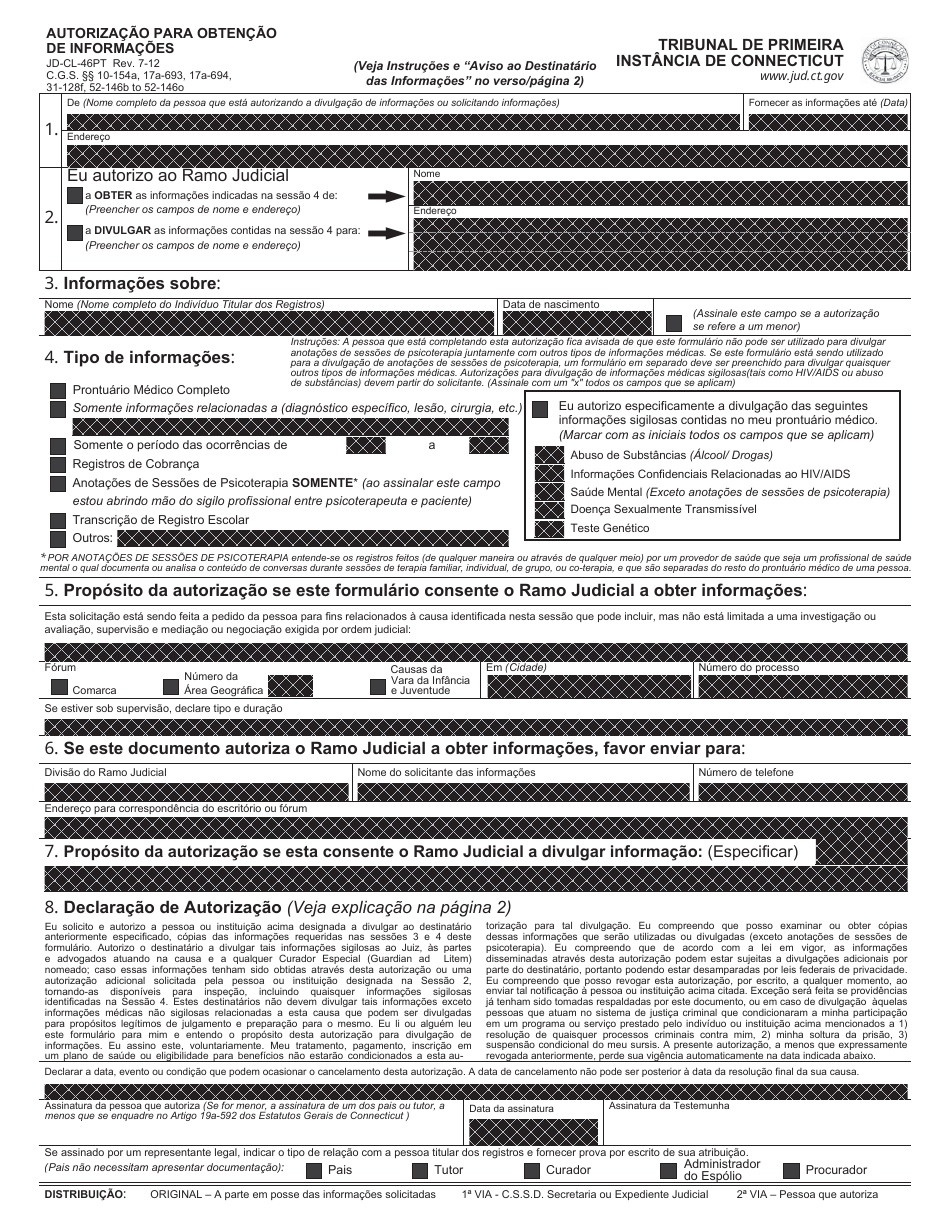 Form JD-CL-46PT Authorization for Information - Connecticut (Portuguese), Page 1