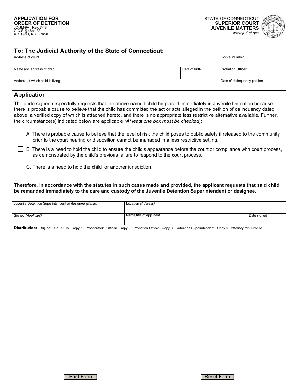 Form JD-JM-9A Application for Order of Detention - Connecticut, Page 1