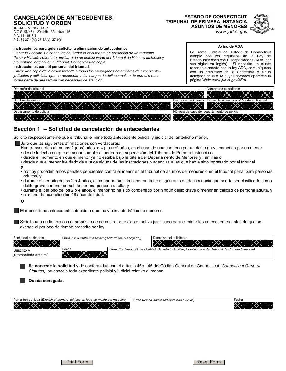 Formulario JD-JM-12S Cancelacion De Antecedentes: Solicitud Y Orden - Connecticut (Spanish), Page 1