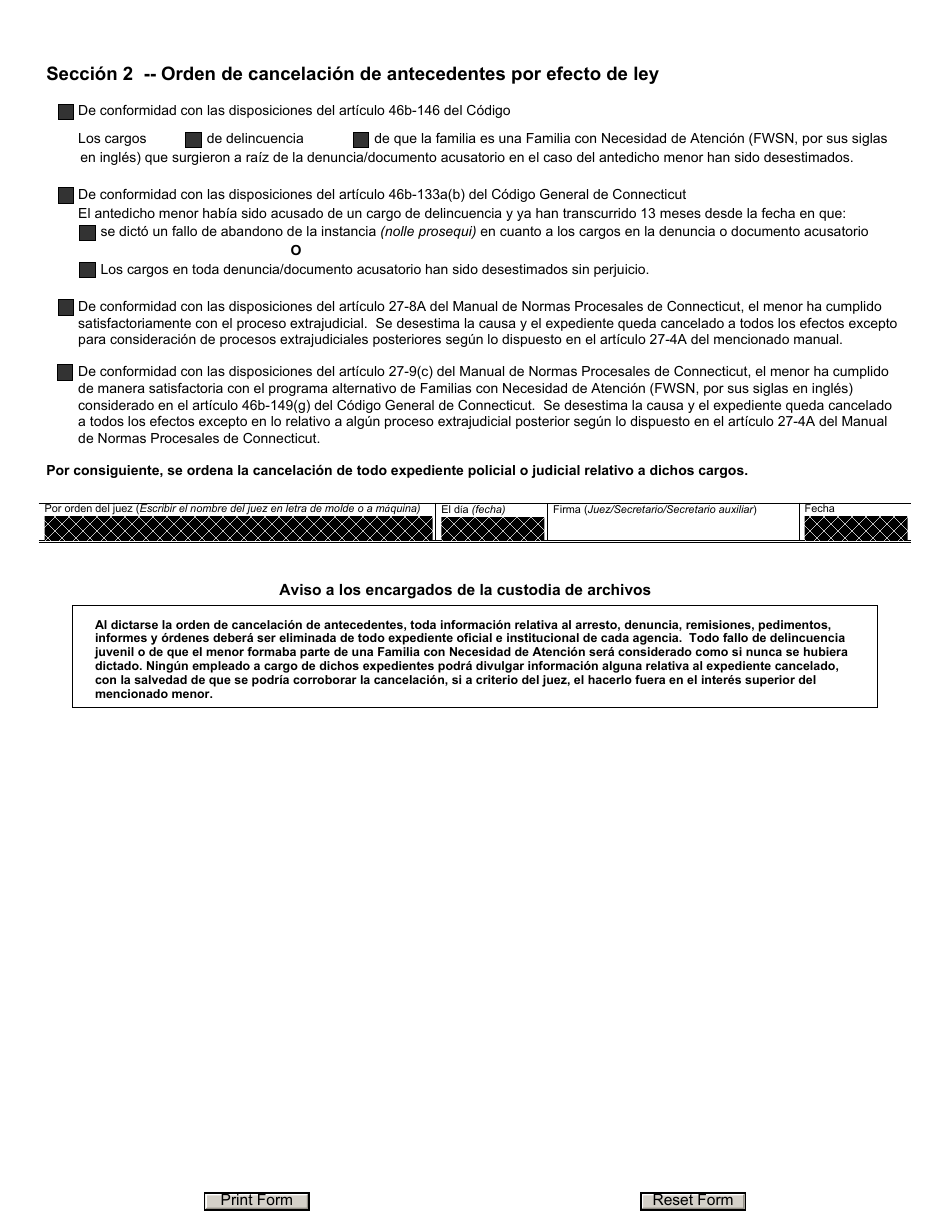 Formulario JD-JM-12S Cancelacion De Antecedentes: Solicitud Y Orden - Connecticut (Spanish), Page 2