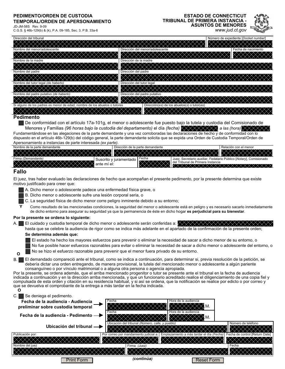 Formulario JD-JM-58S Pedimento / Orden De Custodia Temporal / Orden De Apersonamiento - Connecticut (Spanish), Page 1