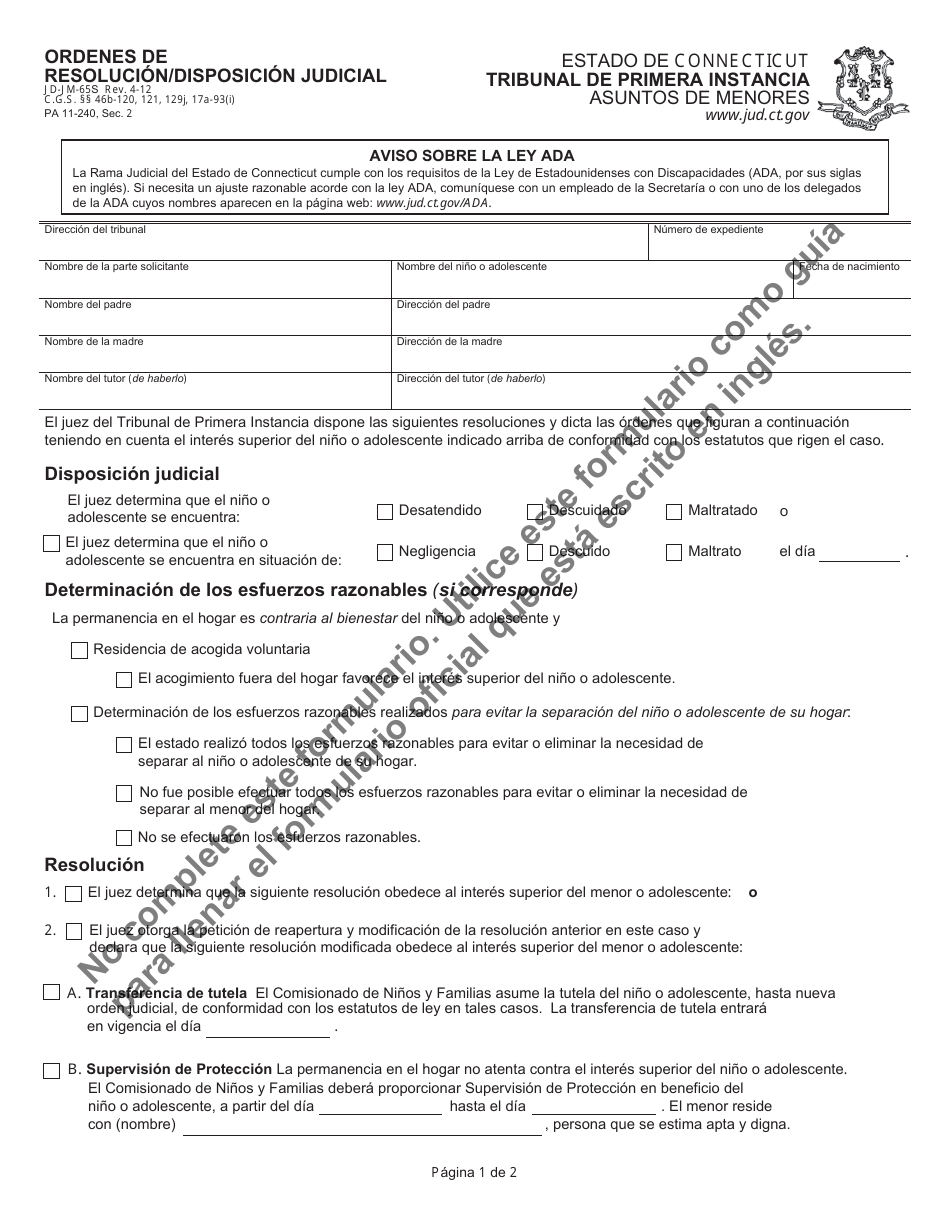 Formulario JD-JM-65S Ordenes De Resolucion / Disposicion Judicial - Connecticut (Spanish), Page 1