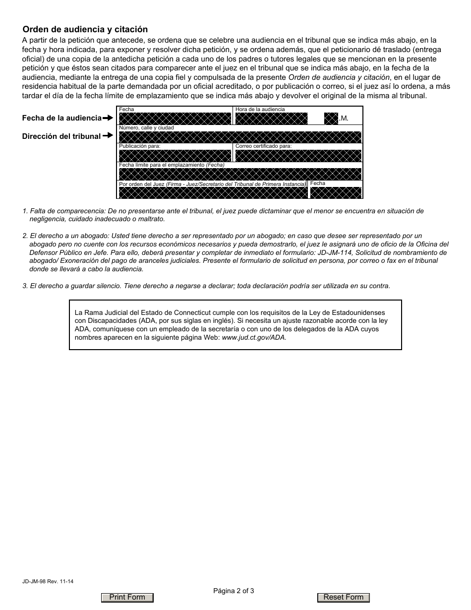 Formulario JD-JM-98 Pedimento: Menor / Adolescente En Situacion De Negligencia, Cuidado Inadecuado O Maltrato - Connecticut (Spanish), Page 2
