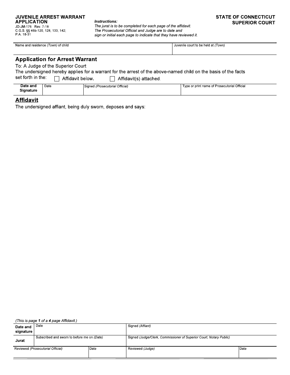 Form JD-JM-176 Juvenile Arrest Warrant Application - Connecticut, Page 1