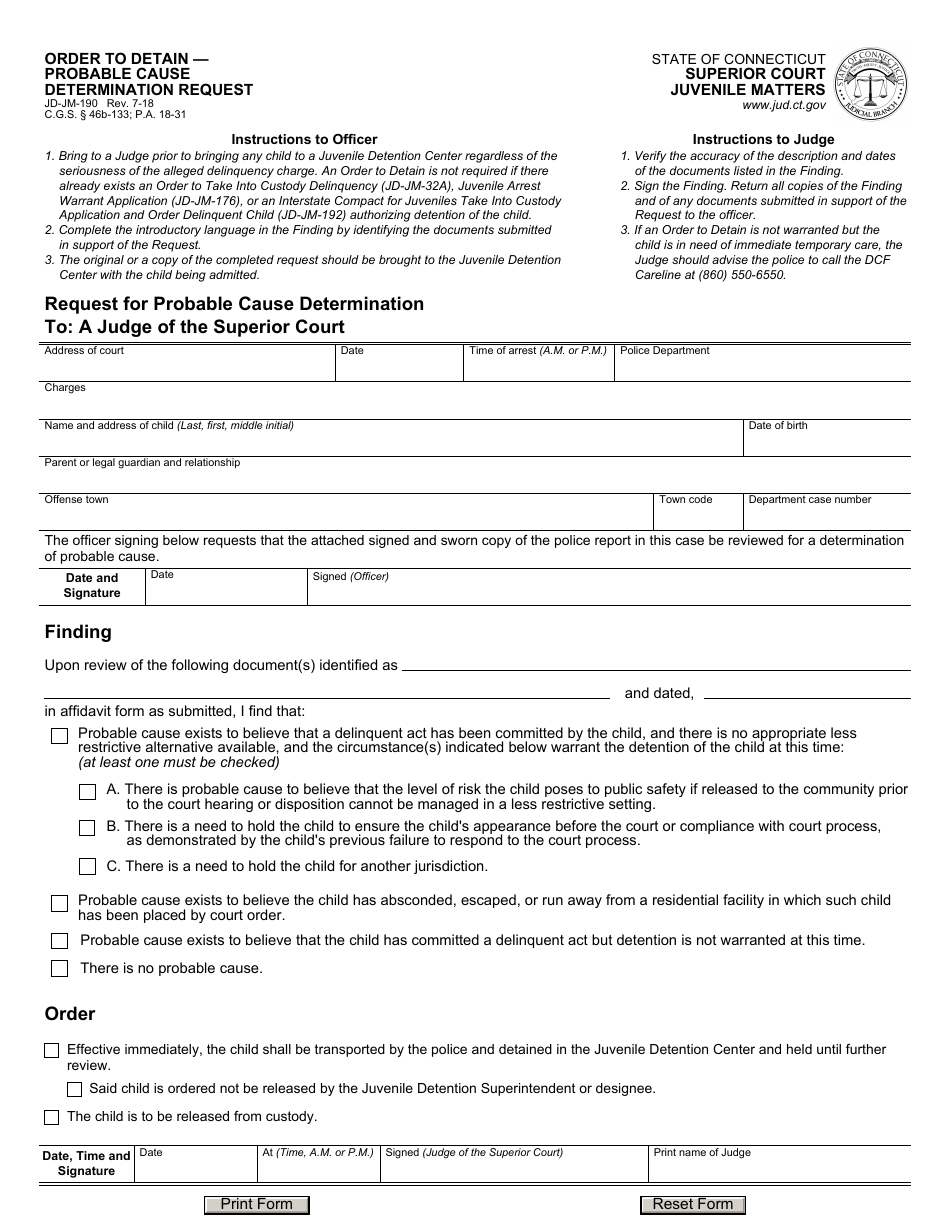 Form JD-JM-190 Order to Detain  Probable Cause Determination Request - Connecticut, Page 1
