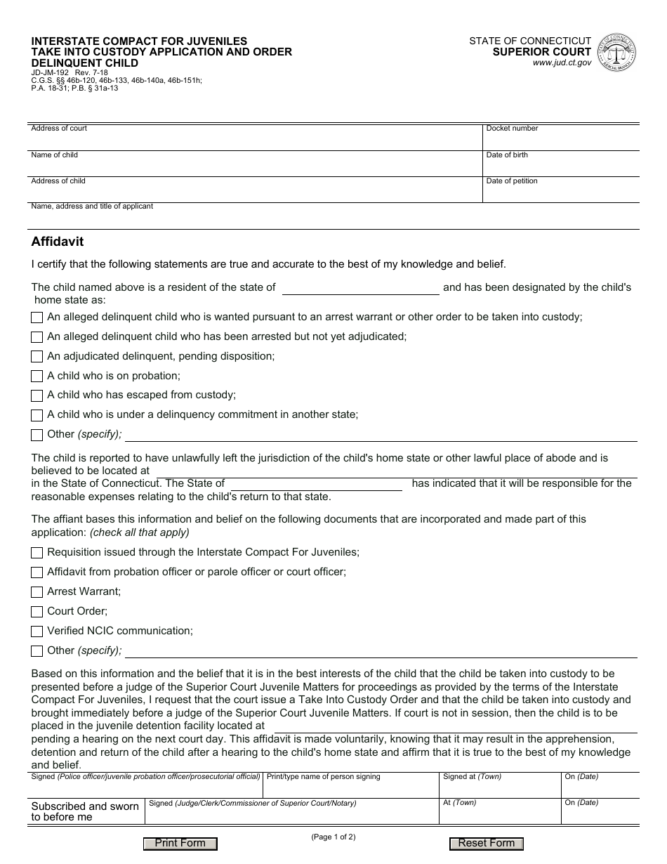 Form JD-JM-192 Download Fillable PDF or Fill Online Interstate Compact ...