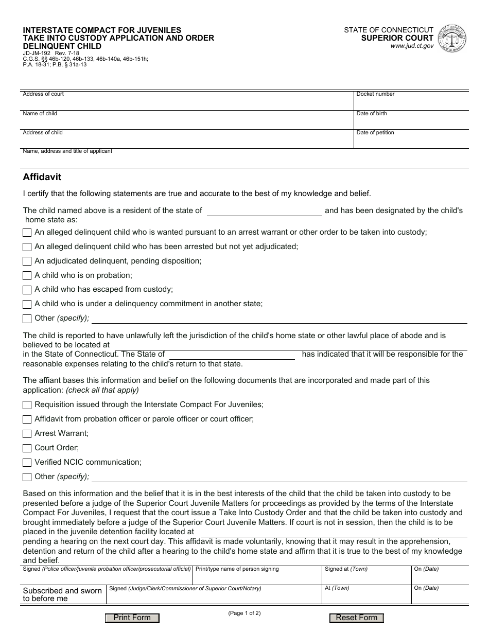 Form JD-JM-192 Interstate Compact for Juveniles Take Into Custody Application and Order Delinquent Child - Connecticut, Page 1