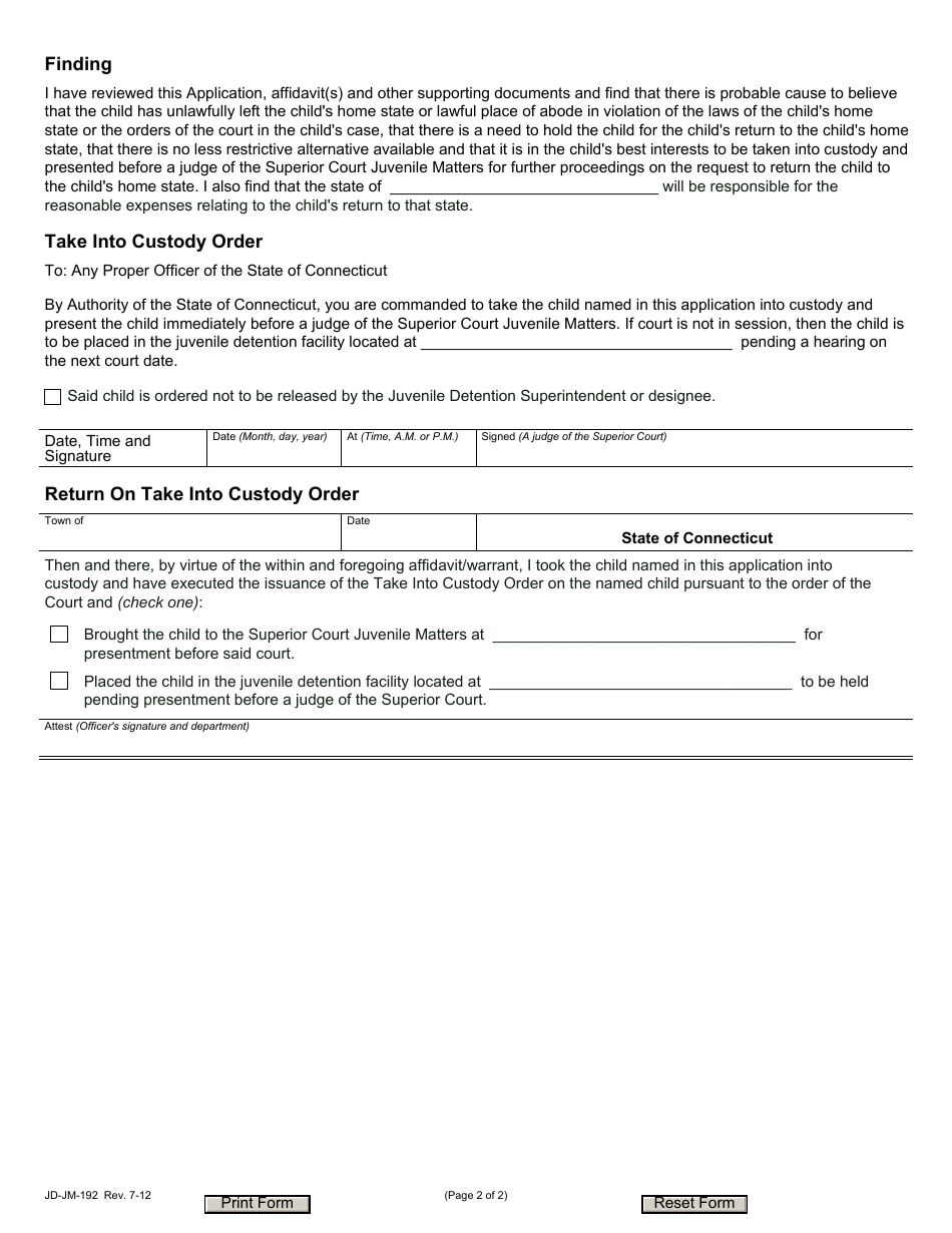 Form JD-JM-192 Interstate Compact for Juveniles Take Into Custody Application and Order Delinquent Child - Connecticut, Page 2