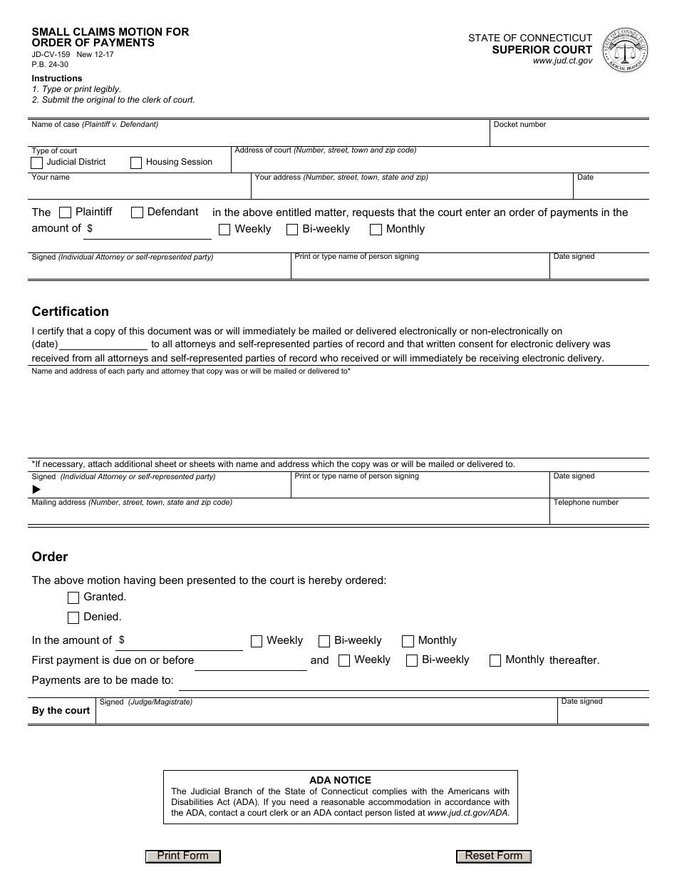 Form JD-CV-159 Small Claims Motion for Order of Payments - Connecticut, Page 1
