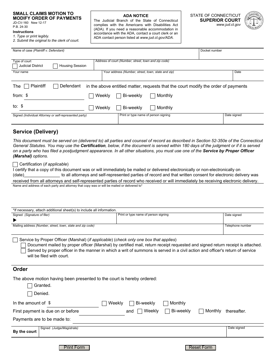 Form JD-CV-160 Download Fillable PDF or Fill Online Small Claims Motion ...