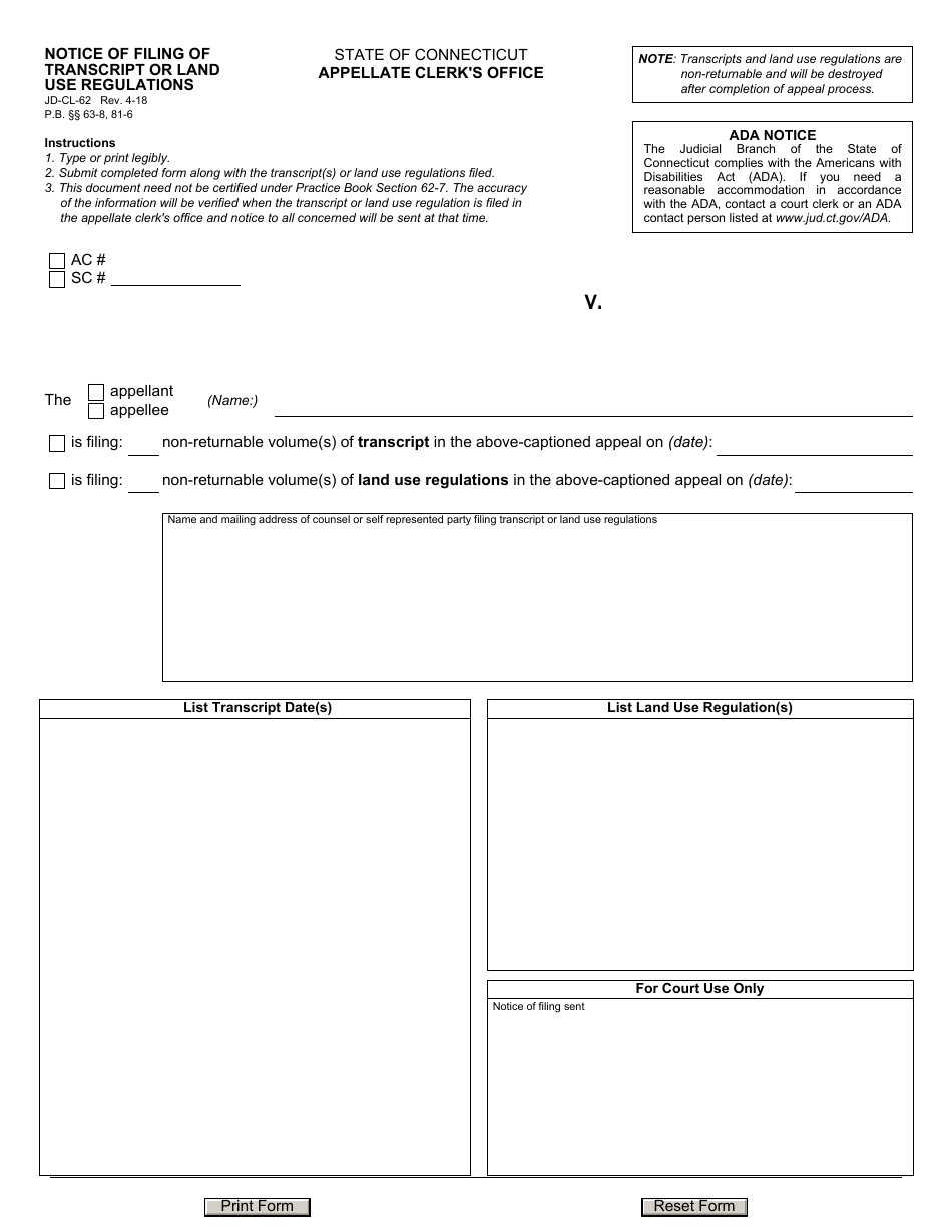 Form JD-CL-62 Notice Form of Filing of Transcript or Land Use Regulations - Connecticut, Page 1