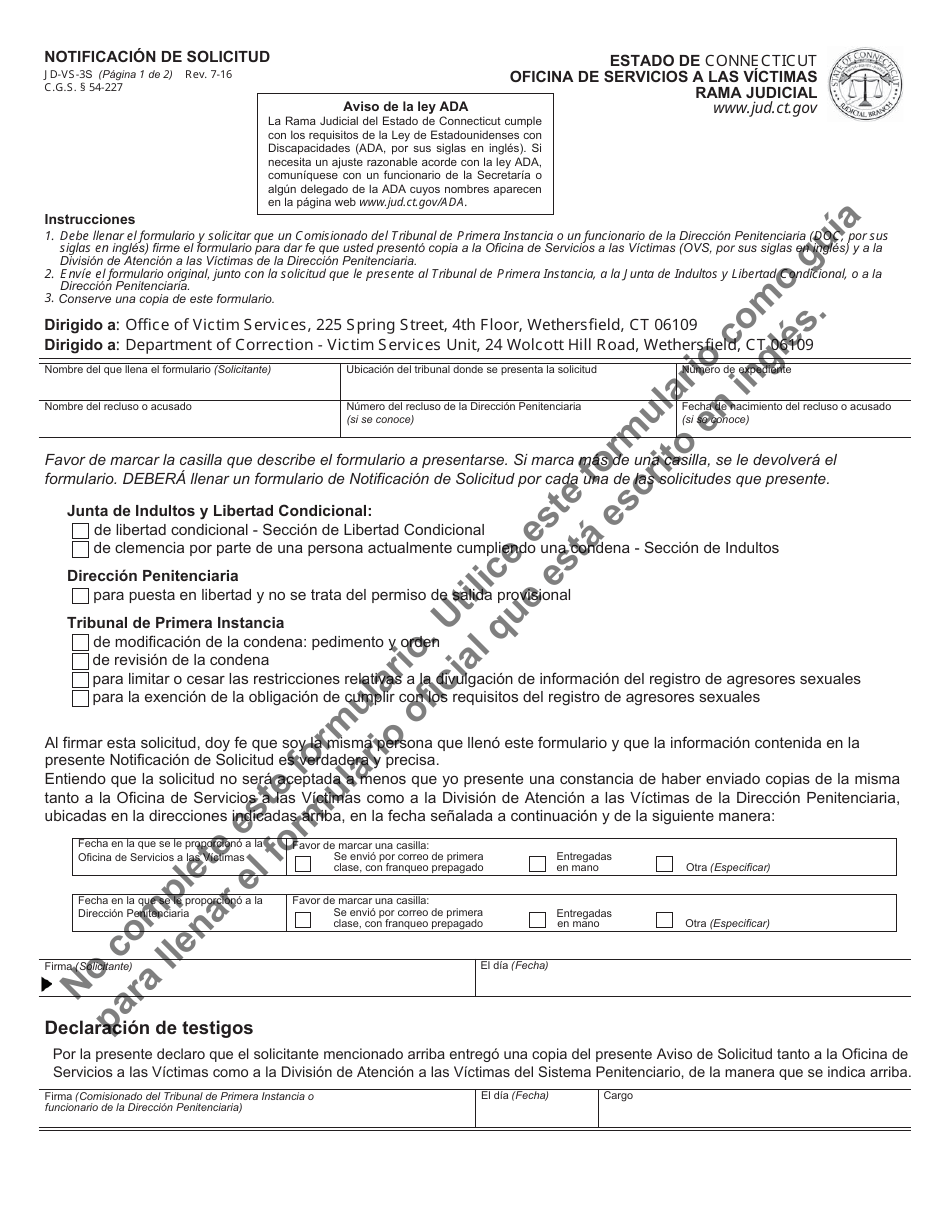 Formulario JD-VS-3S Notificacion De Solicitud - Connecticut (Spanish), Page 1
