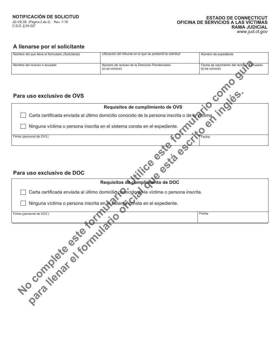 Formulario JD-VS-3S Notificacion De Solicitud - Connecticut (Spanish), Page 2