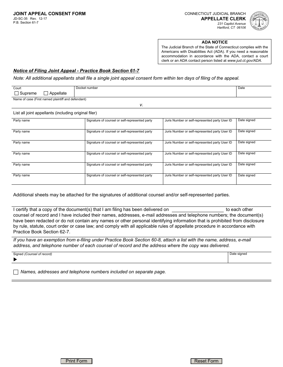 Form JD-SC-35 Joint Appeal Consent Form - Connecticut, Page 1