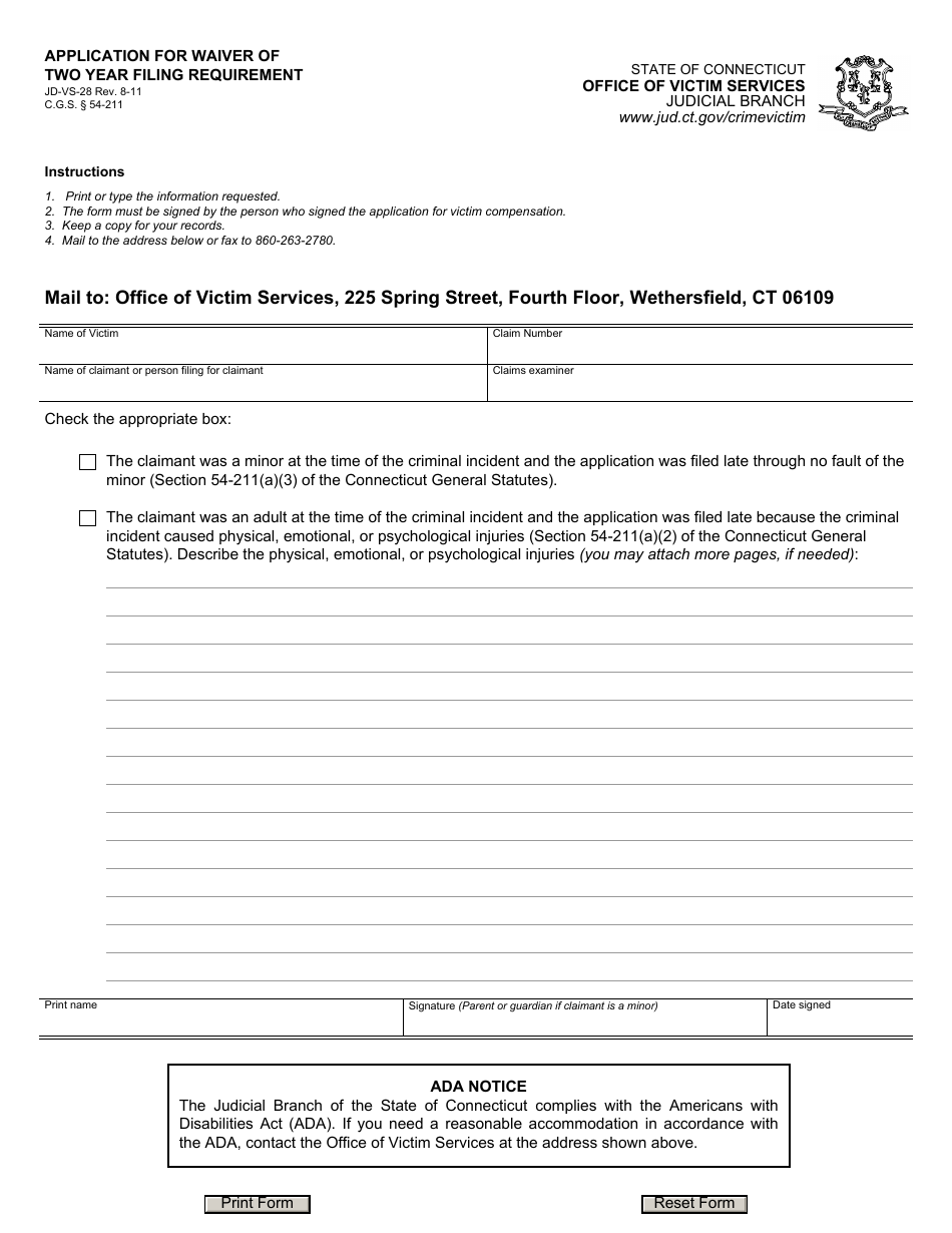 Form JD-VS-28 Application for Waiver of Two Year Filing Requirement - Connecticut, Page 1