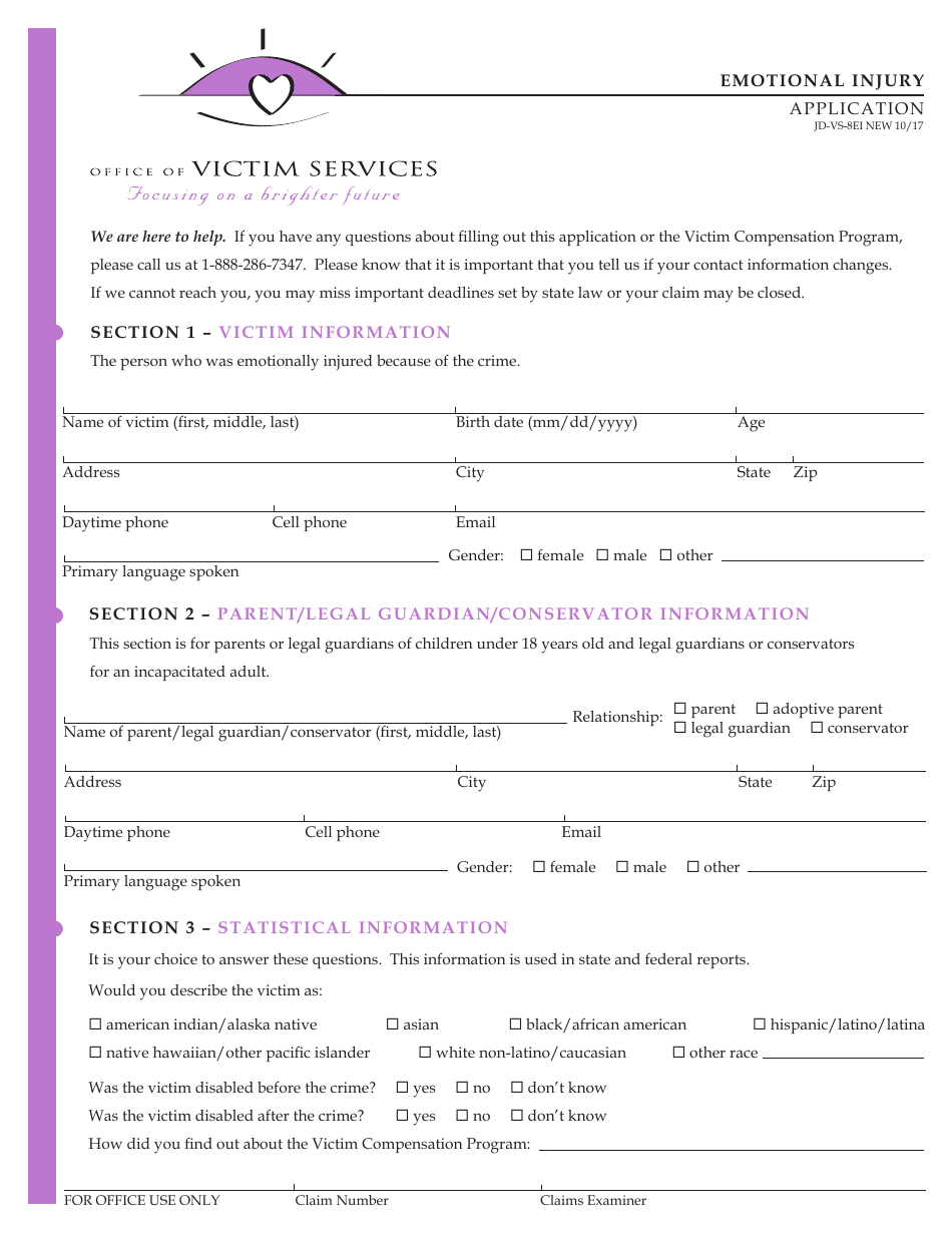 Form JD-VS-8EI Emotional Injury Application - Connecticut, Page 1