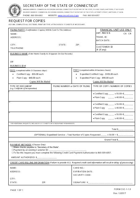 Form CXC-1-1.0 Request for Copies - Connecticut