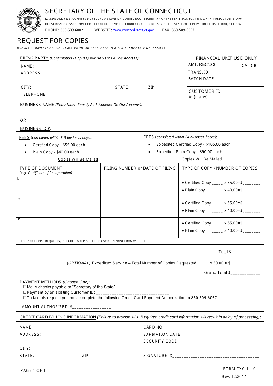 Form CXC-1-1.0 Request for Copies - Connecticut, Page 1