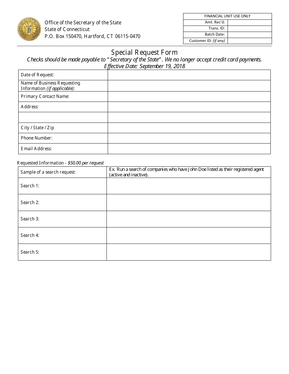 Connecticut Special Request Form Fill Out, Sign Online and Download