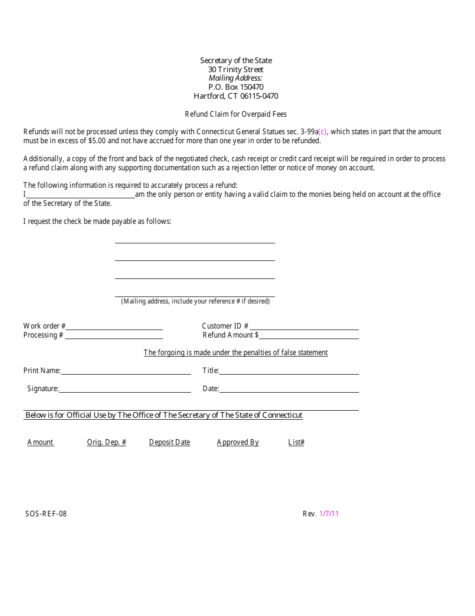 Form SOS-REF-08 Refund Claim for Overpaid Fees - Connecticut, Page 2