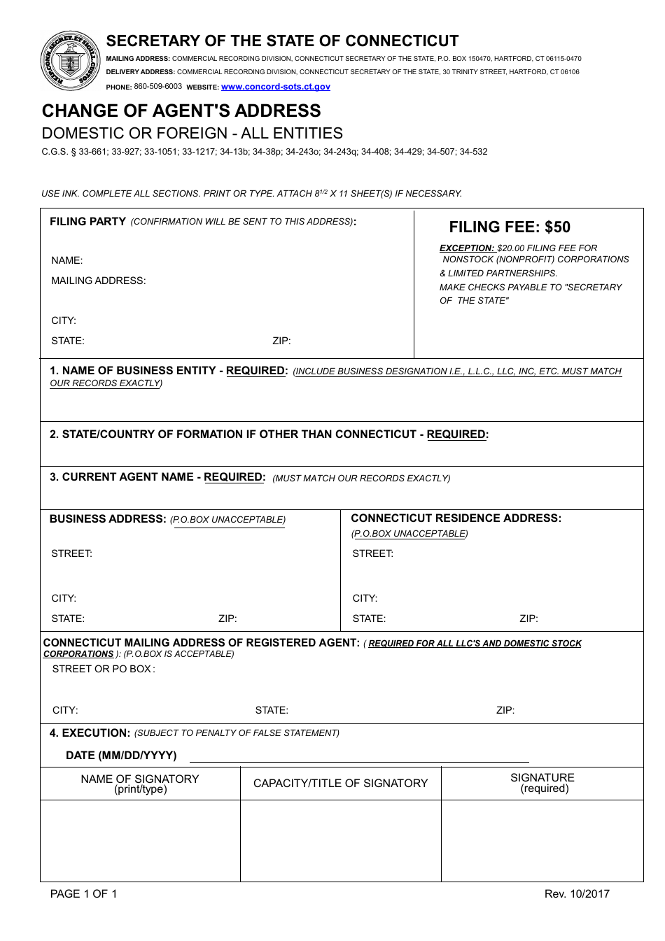 Change of Agents Address - Domestic or Foreign - All Entities - Connecticut, Page 1