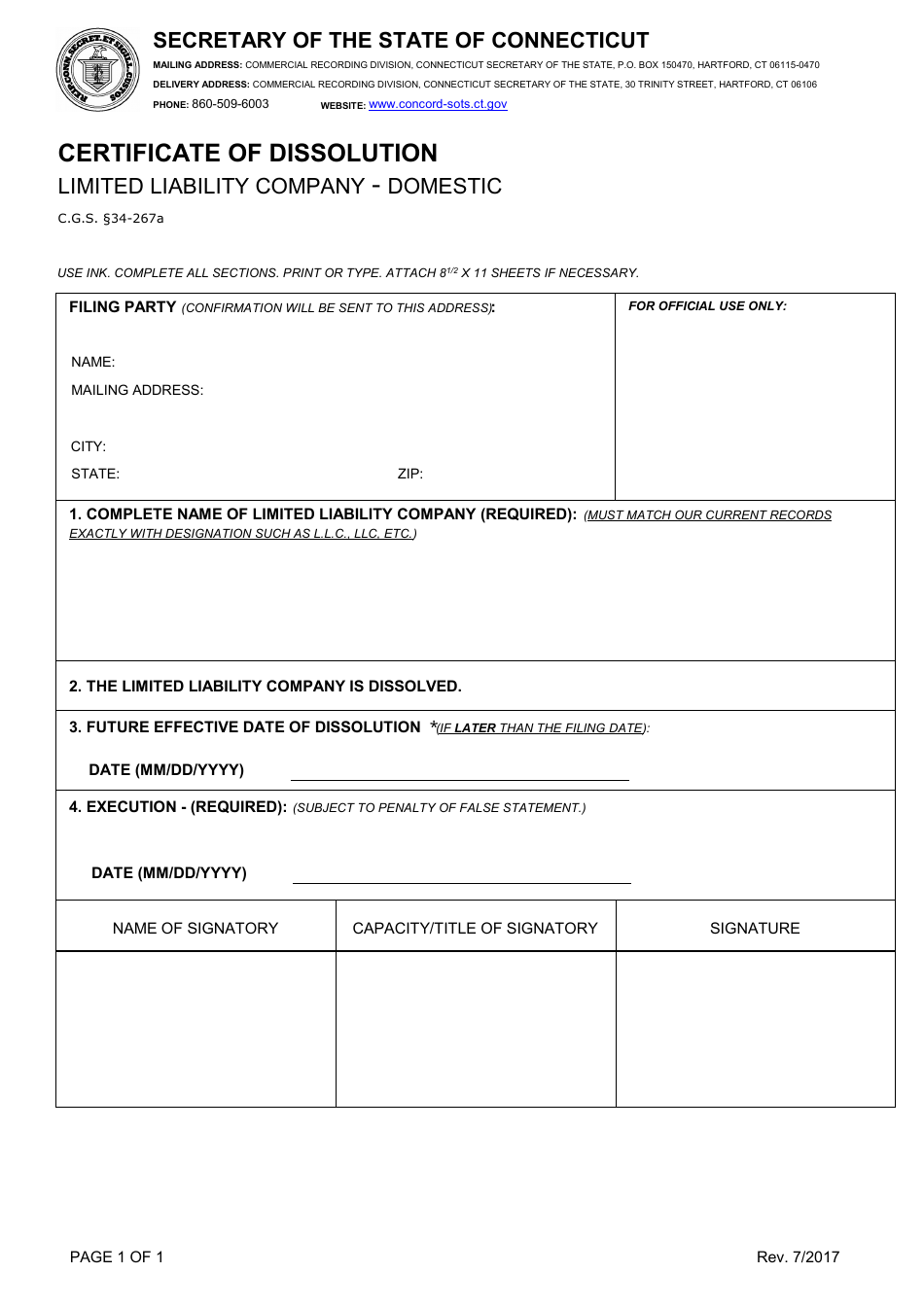 Certificate of Dissolution - Limited Liability Company - Domestic - Connecticut, Page 1
