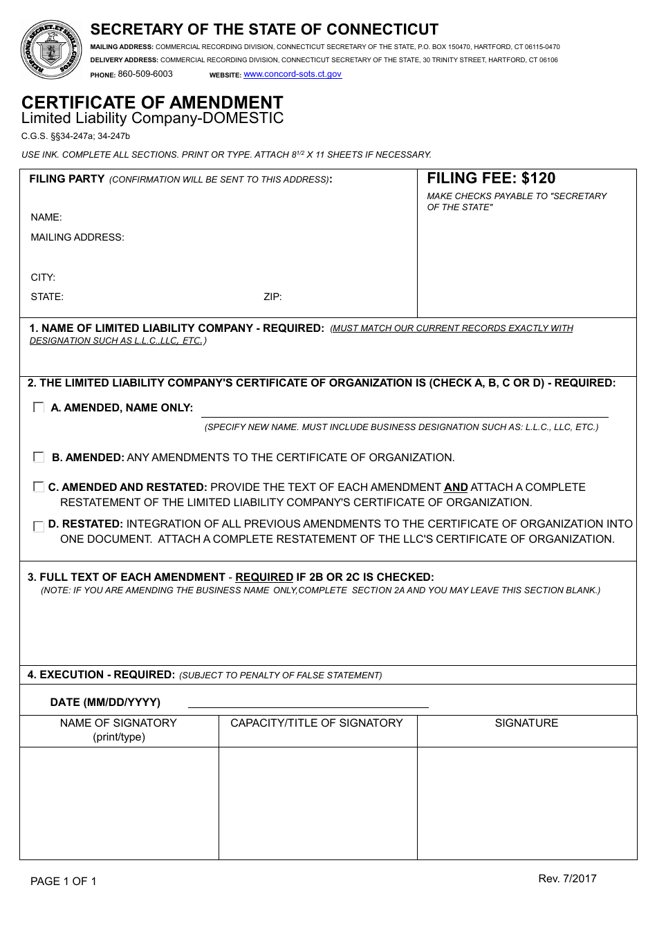 Certificate of Amendment - Limited Liability Company-Domestic - Connecticut, Page 1