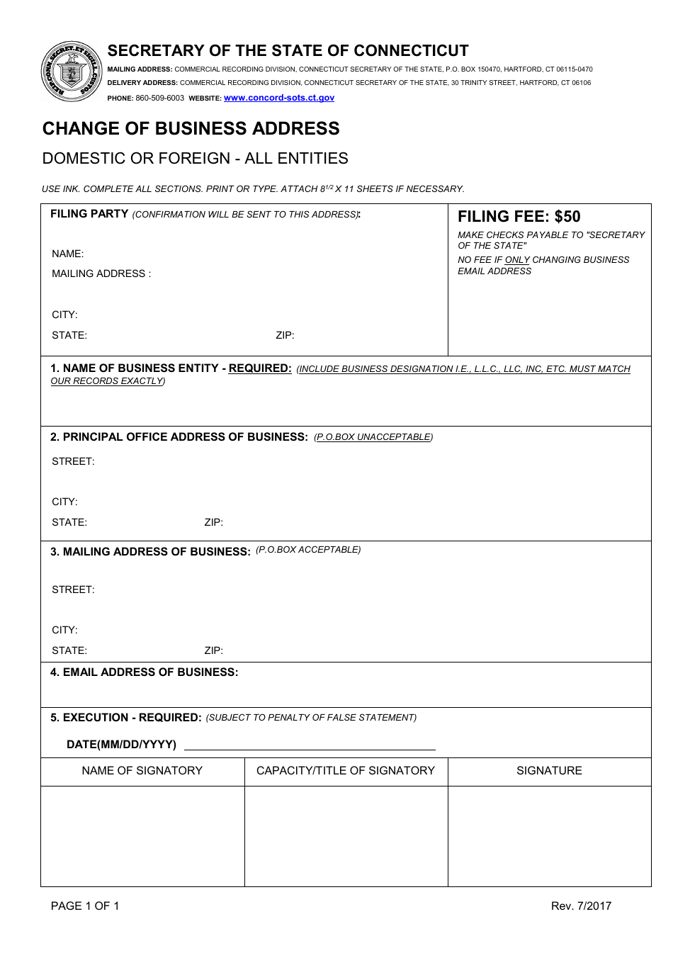 Change of Business Address - Domestic or Foreign - All Entities - Connecticut, Page 1