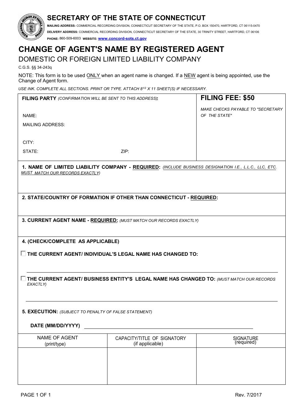 Change of Agents Name by Registered Agent - Domestic or Foreign Limited Liability Company - Connecticut, Page 1