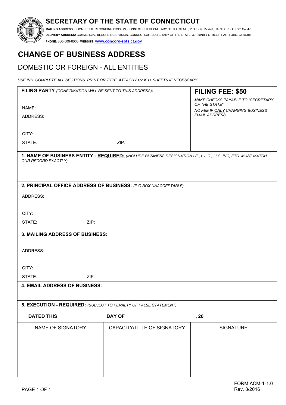 Form ACM-1-1.0 Change of Business Address - Domestic or Foreign - All Entities - Connecticut, Page 1