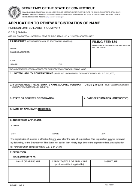 Application to Renew Registration of Name - Foreign Limited Liability Company - Connecticut Download Pdf