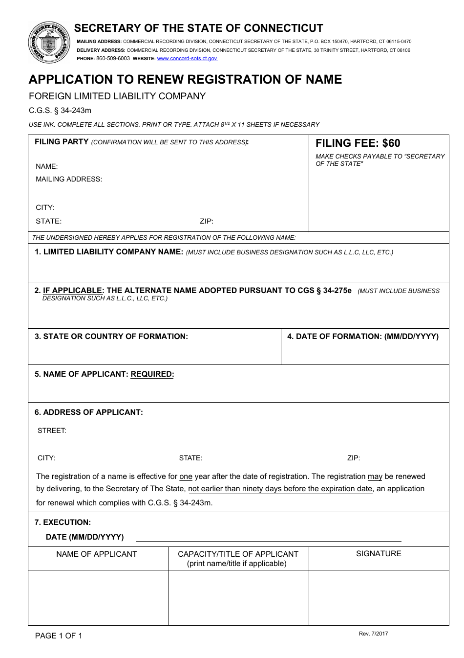Application to Renew Registration of Name - Foreign Limited Liability Company - Connecticut, Page 1