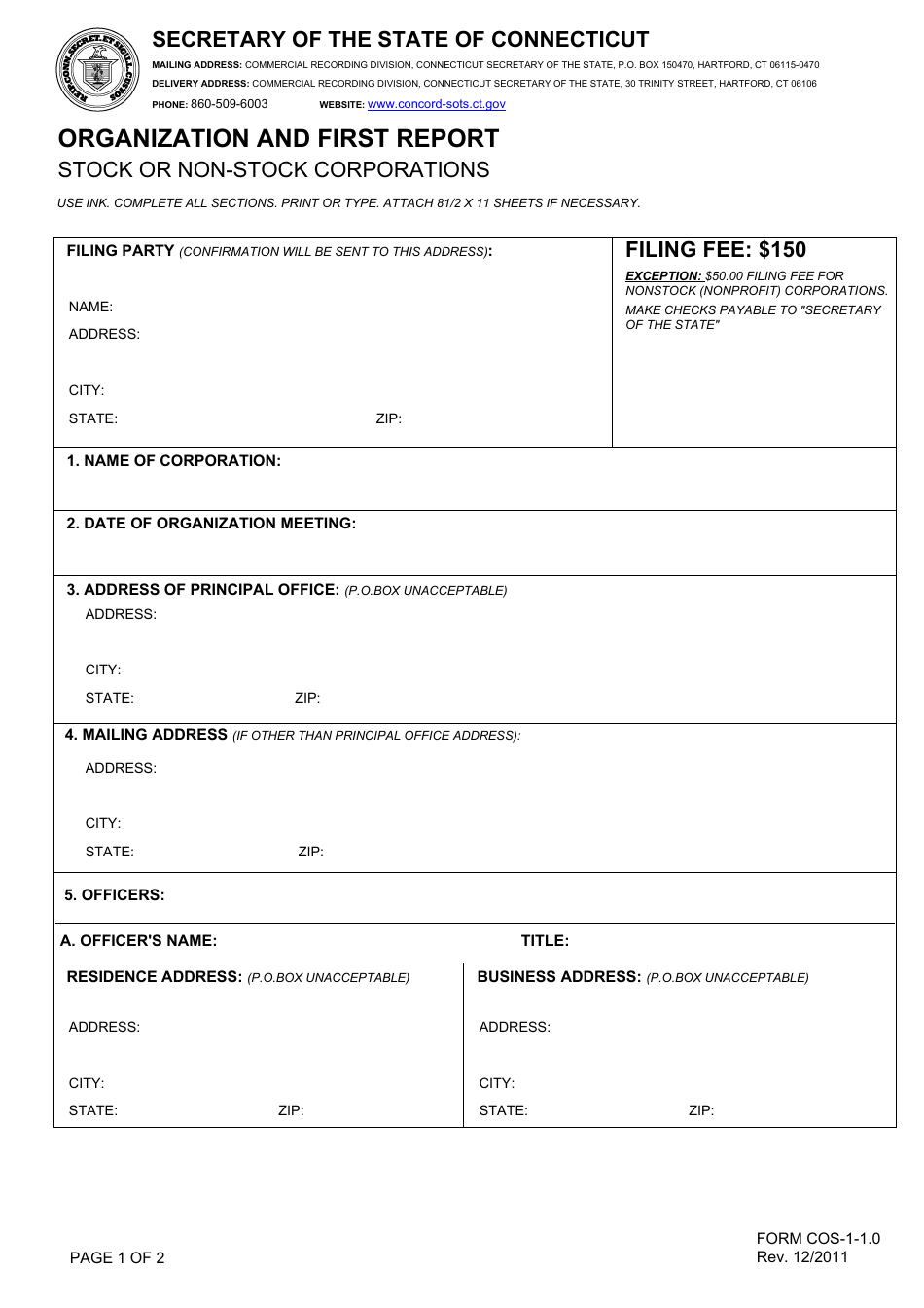Form COS-1-1.0 Organization and First Report - Stock or Non-stock Corporations - Connecticut, Page 1