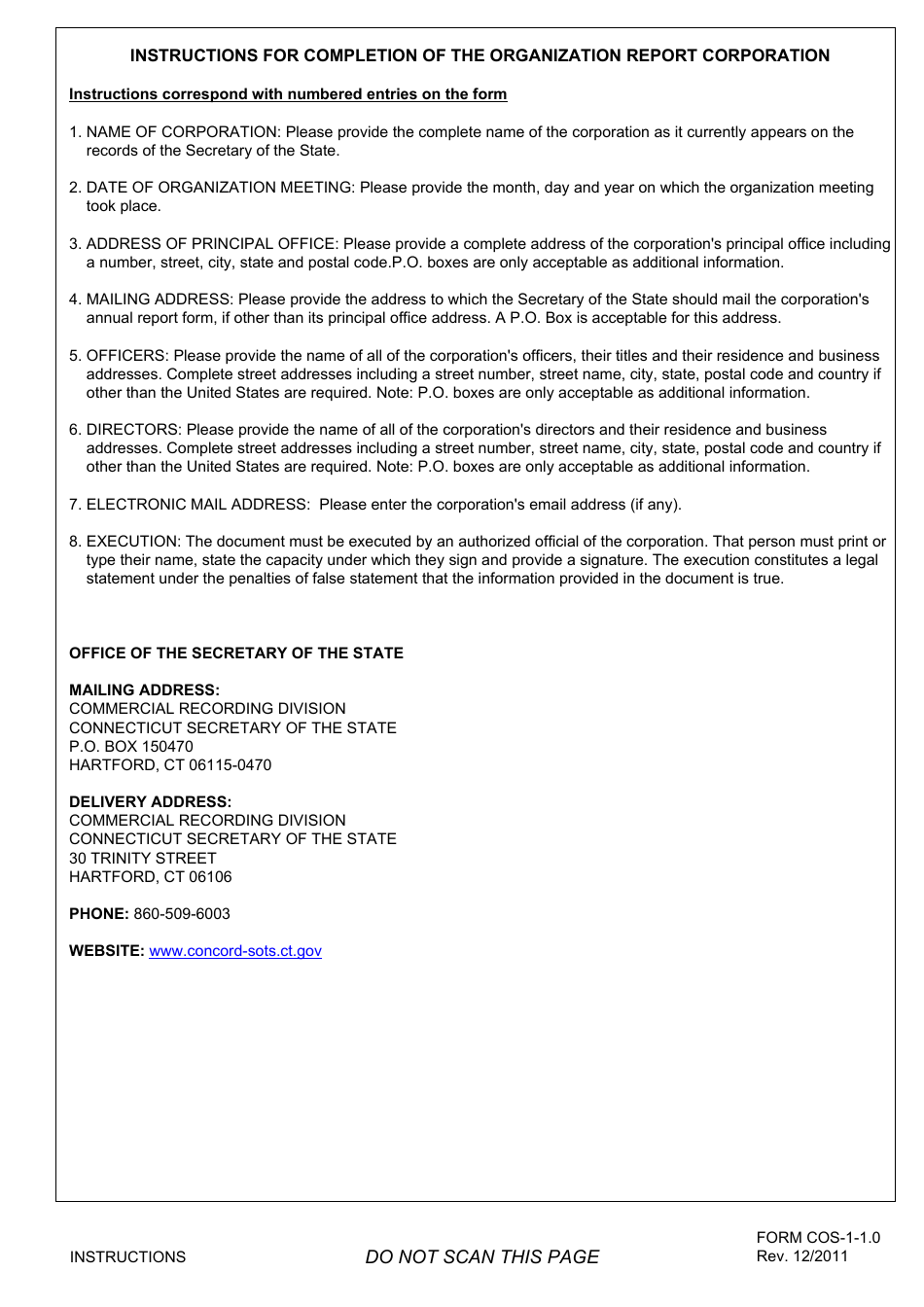 Form COS-1-1.0 Organization and First Report - Stock or Non-stock Corporations - Connecticut, Page 3